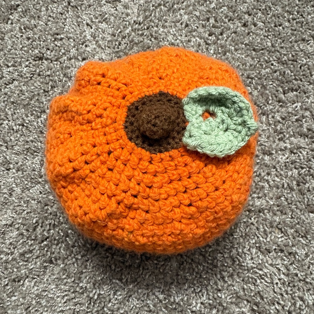 Handmade Orange Crochet Pumpkin Beanie with Leaf Accent